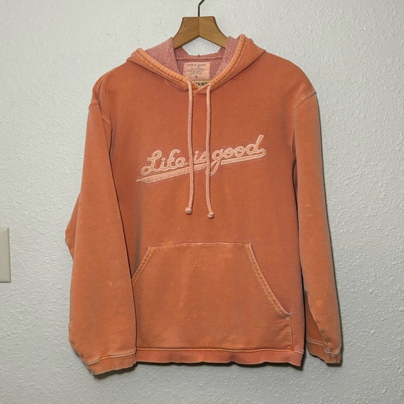 Life Is Good stone washed orange distressed pullover hoodie. Men’s Small - Picture 2 of 9